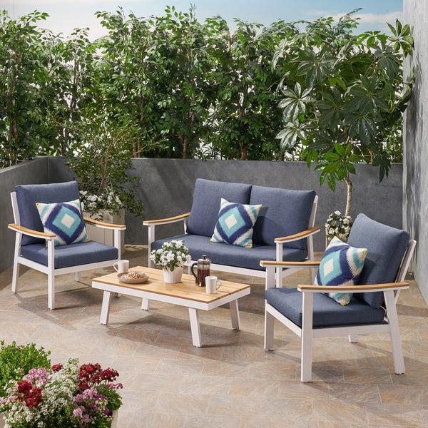 Gdf Studio Mathias Outdoor 4 Piece Aluminum And Faux Wood Chat Set With Cushions