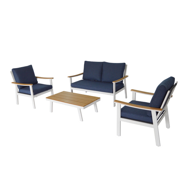gdf studio Mathias Outdoor 4 Piece Aluminum and Faux Wood Chat Set with Cushions