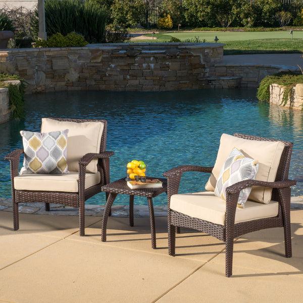 Gdf Studio Maui Outdoor 3-piece Brown Wicker Chat Set With Cushions