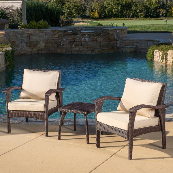 Gdf Studio Maui Outdoor 3-piece Brown Wicker Chat Set With Cushions
