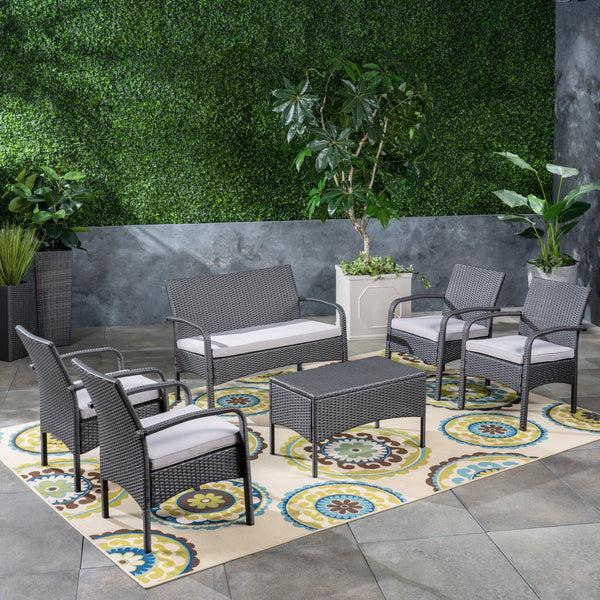 Gdf Studio Mavis Patio Conversation Set 6-Seater With Loveseat Club Chairs And Coffee Table Gray Wicker With Light Gray Outdoor Cushions