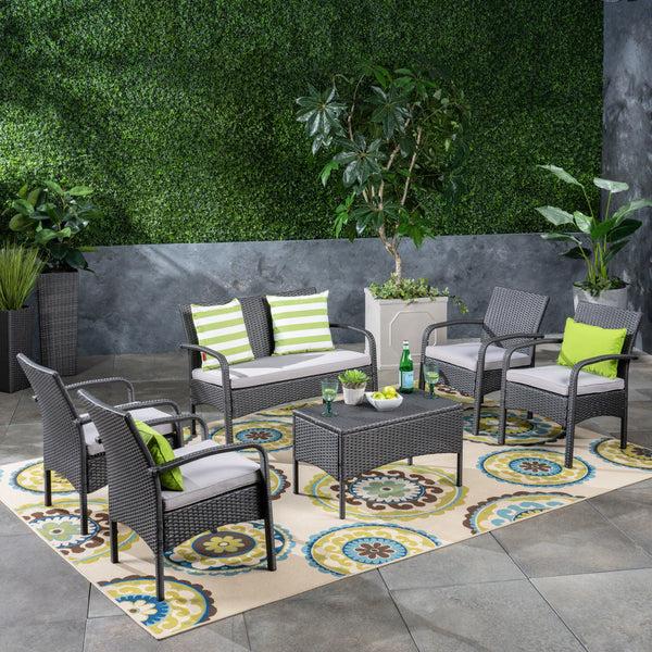 Gdf Studio Mavis Patio Conversation Set 6-Seater With Loveseat Club Chairs And Coffee Table Gray Wicker With Light Gray Outdoor Cushions