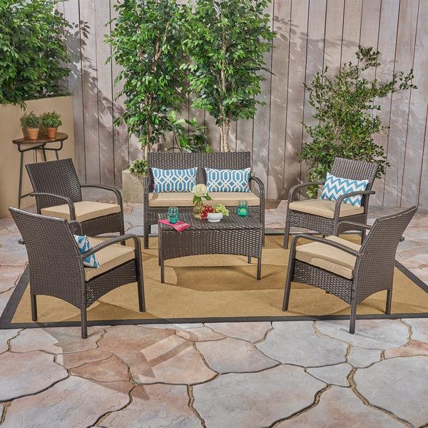 Gdf Studio Mavis Patio Conversation Set 6-Seater With Loveseat Club Chairs And Coffee Table Brown Wicker With Tan Outdoor Cushions
