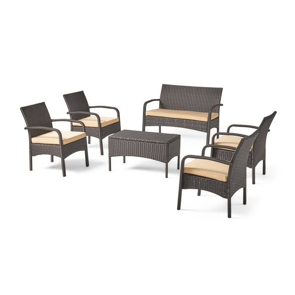 gdf studio Mavis Patio Conversation Set 6-Seater with Loveseat Club Chairs and Coffee Table Brown Wicker with Tan Outdoor Cushions