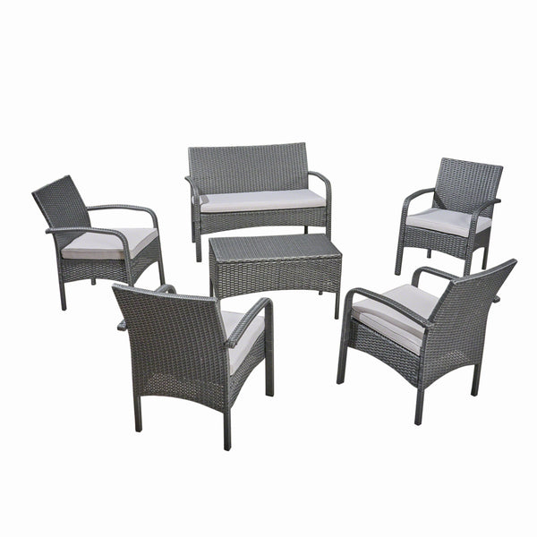 gdf studio Mavis Patio Conversation Set 6-Seater with Loveseat Club Chairs and Coffee Table Gray Wicker with Light Gray Outdoor Cushions