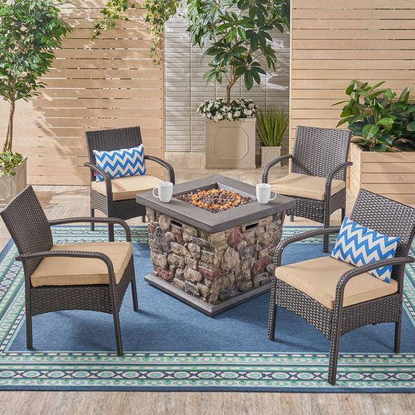 Gdf Studio Mavis Patio Fire Pit Set 4-Seater With Club Chairs Wicker With Outdoor Cushions