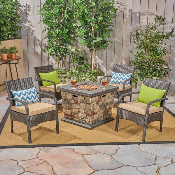 Gdf Studio Mavis Patio Fire Pit Set 4-Seater With Club Chairs Wicker With Outdoor Cushions