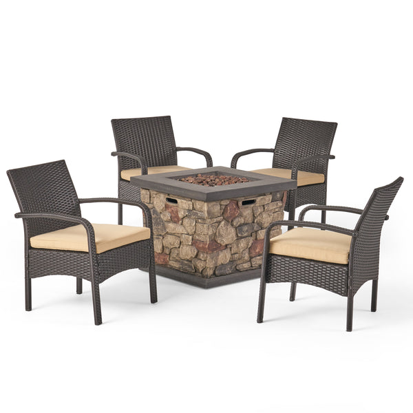 gdf studio Mavis Patio Fire Pit Set 4-Seater with Club Chairs Wicker with Outdoor Cushions