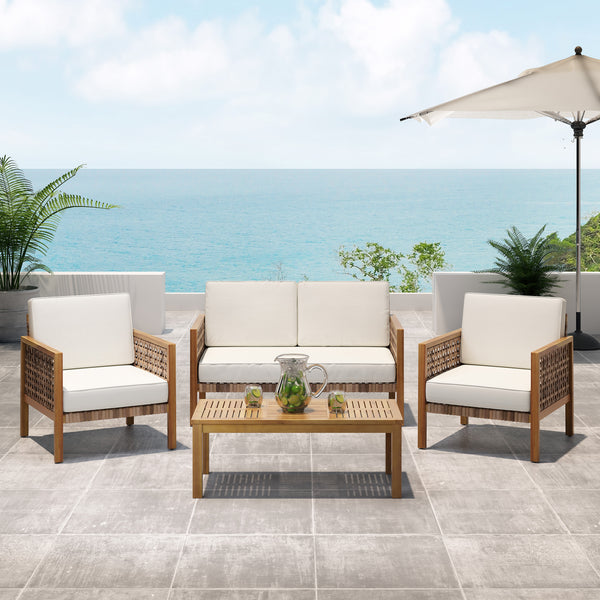 Gdf Studio Maycen Outdoor 4 Seater Acacia Wood Chat Set With Wicker Accents