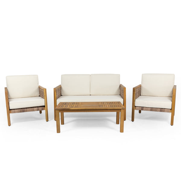 gdf studio Maycen Outdoor 4 Seater Acacia Wood Chat Set with Wicker Accents