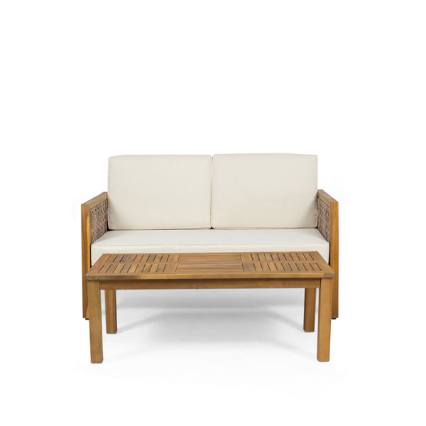 gdf studio Maycen Outdoor Acacia Wood and Wicker Loveseat and Coffee Table Set with Cushions Teak Light Multibrown Beige