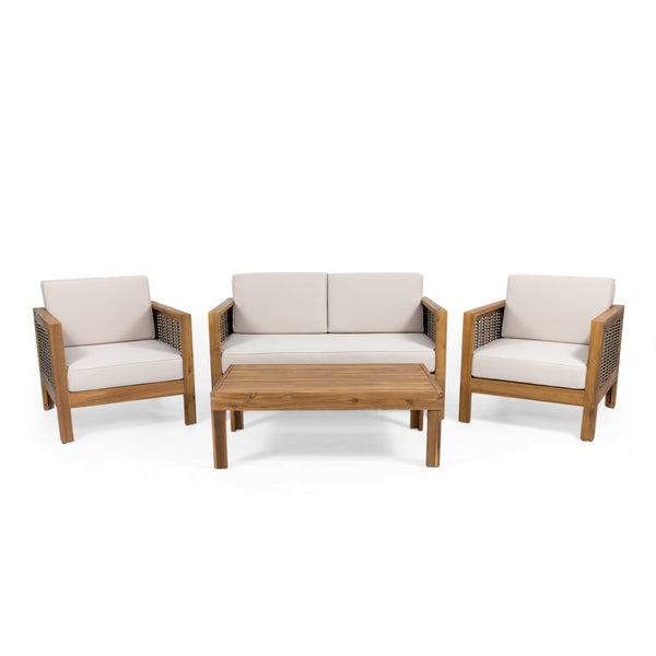 Gdf Studio Mayes Outdoor 4 Seater Acacia Wood Chat Set With Wicker Accents