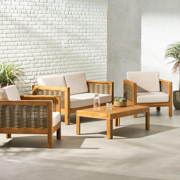 gdf studio Mayes Outdoor 4 Seater Acacia Wood Chat Set with Wicker Accents