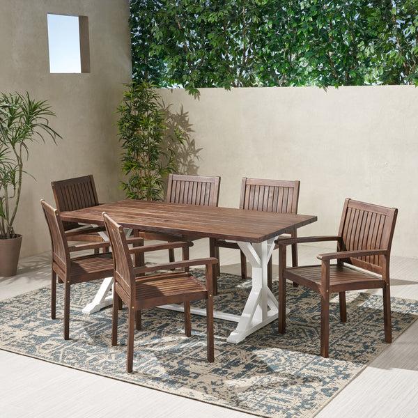 Gdf Studio Mayo Outdoor Rustic Farmhouse Acacia Wood 7 Piece Dining Set
