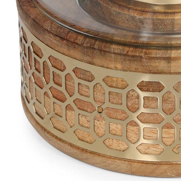 Gdf Studio McClellan Boho Handcrafted Mango Wood Hurricane Candle Holder Natural And Gold