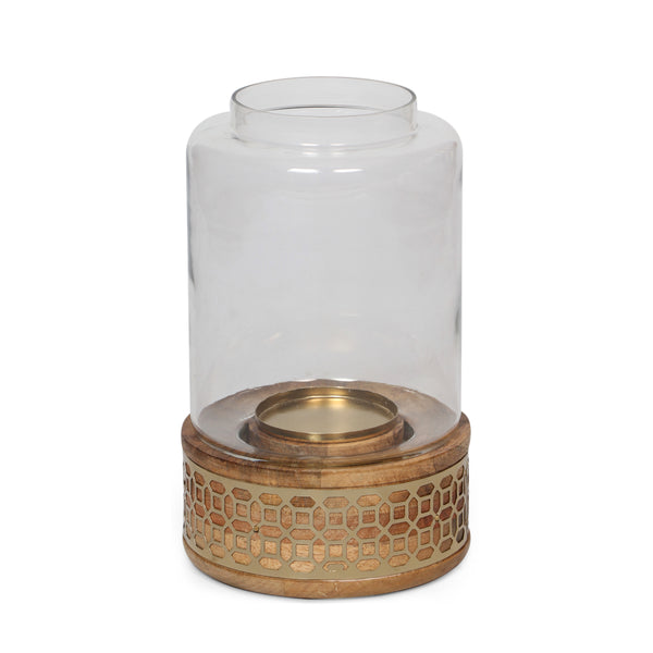 gdf studio McClellan Boho Handcrafted Mango Wood Hurricane Candle Holder Natural and Gold