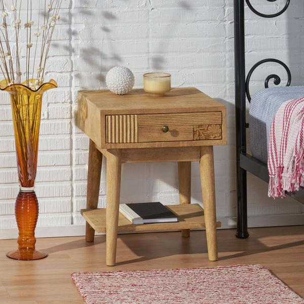 Gdf Studio McManus Tennille Boho Handcrafted Mango Wood Nightstand With Drawer Natural