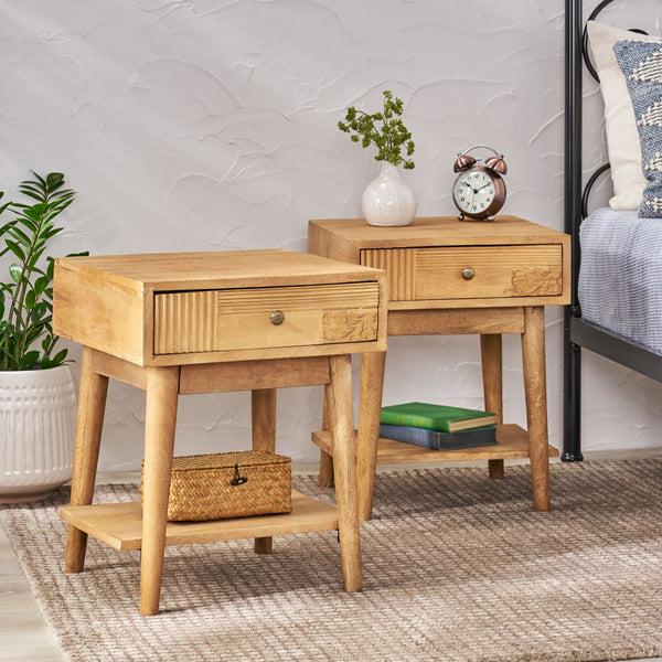 Gdf Studio McManus Tennille Boho Handcrafted Mango Wood Nightstand With Drawer Set Of 2 Natural