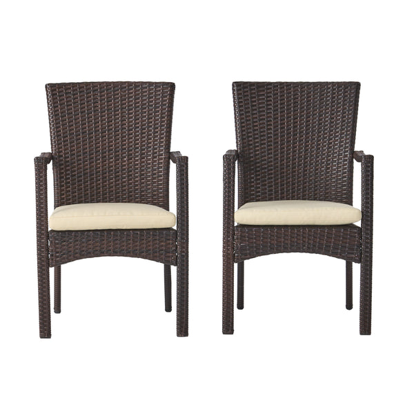 gdf studio Melba Outdoor Brown Wicker Dining Chair with Beige Cushion (Set of 2)
