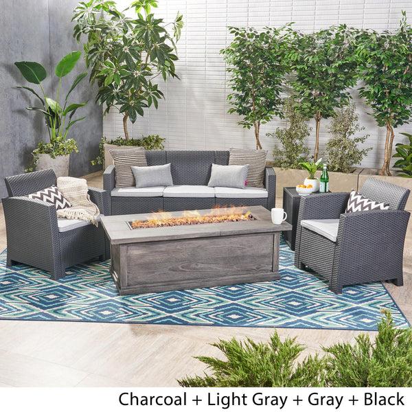 Gdf Studio Melik Outdoor 5-Seater Wicker Print Chat Set With Fire Pit And Tank Holder