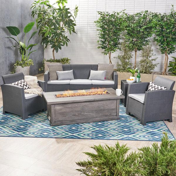Gdf Studio Melik Outdoor 5-Seater Wicker Print Chat Set With Fire Pit And Tank Holder