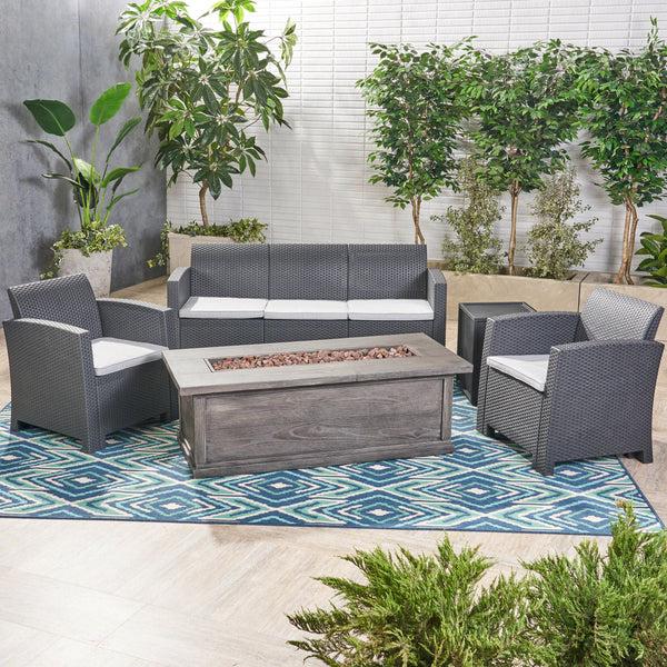 Gdf Studio Melik Outdoor 5-Seater Wicker Print Chat Set With Fire Pit And Tank Holder