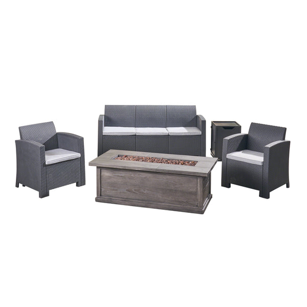 gdf studio Melik Outdoor 5-Seater Wicker Print Chat Set with Fire Pit and Tank Holder
