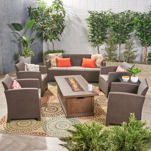 Gdf Studio Melik Outdoor 7-Seater Wicker Print Chat Set With Fire Pit And Tank Holder