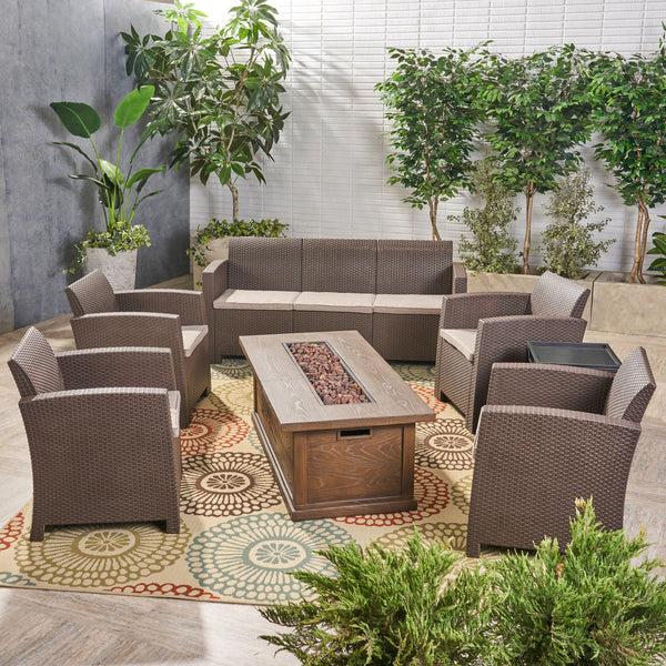 Gdf Studio Melik Outdoor 7-Seater Wicker Print Chat Set With Fire Pit And Tank Holder