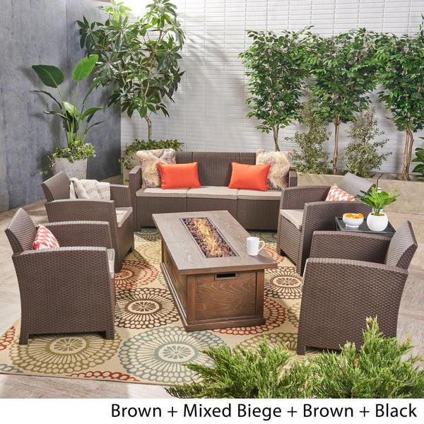 Gdf Studio Melik Outdoor 7-Seater Wicker Print Chat Set With Fire Pit And Tank Holder