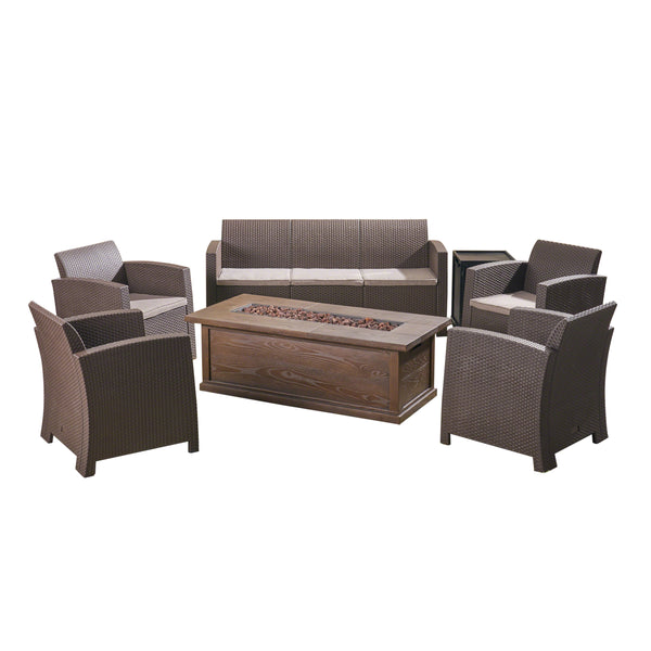 gdf studio Melik Outdoor 7-Seater Wicker Print Chat Set with Fire Pit and Tank Holder