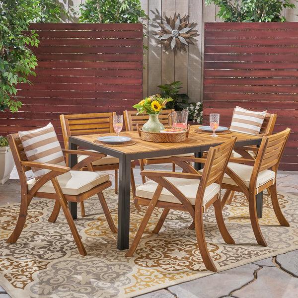 Gdf Studio Melissa Outdoor 6-Seater Rectangular Acacia Wood And Iron Dining Set Teak With Black And Cream
