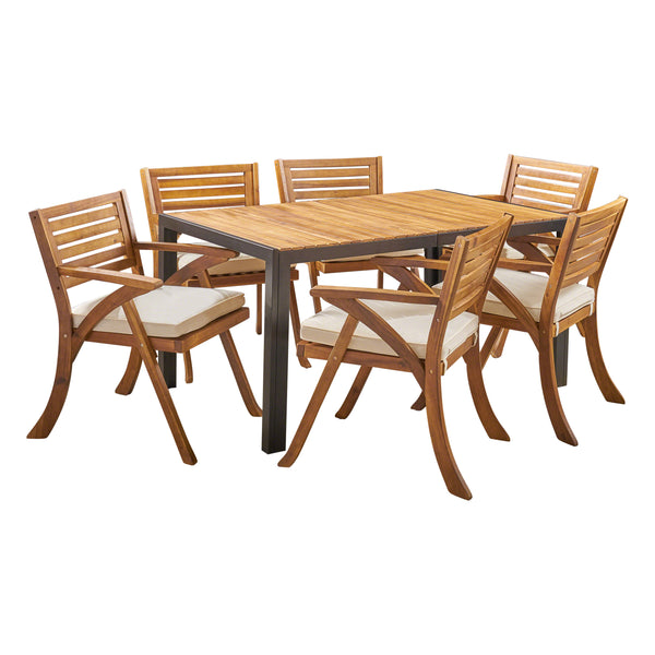 gdf studio Melissa Outdoor 6-Seater Rectangular Acacia Wood and Iron Dining Set Teak with Black and Cream