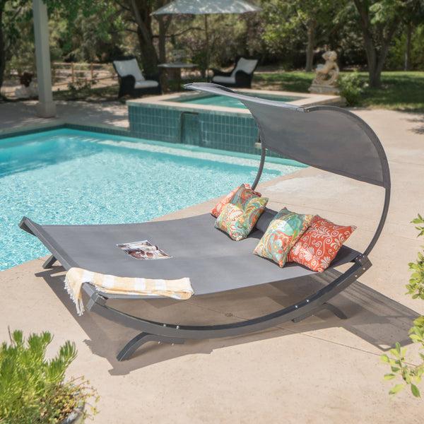 Gdf Studio Merianna Gray Wood Sunbed With Gray Outdoor Mesh Canopy