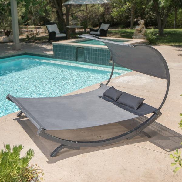 Gdf Studio Merianna Gray Wood Sunbed With Gray Outdoor Mesh Canopy
