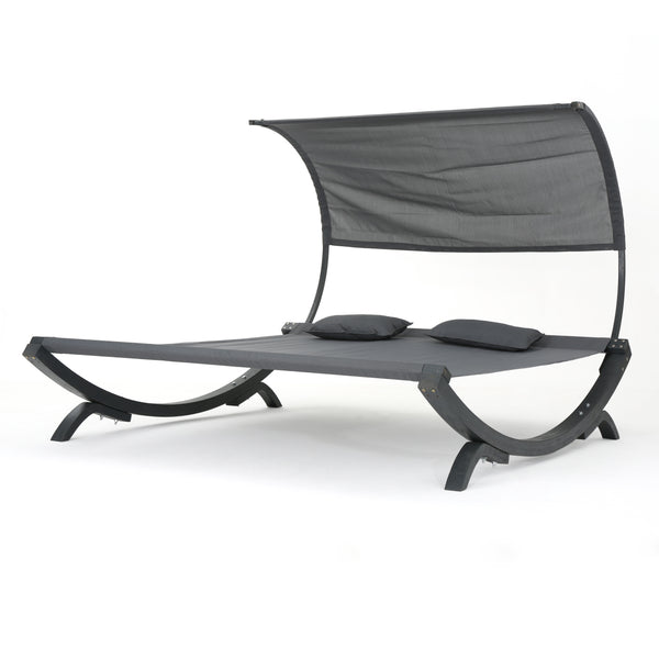 gdf studio Merianna Gray Wood Sunbed with Gray Outdoor Mesh Canopy