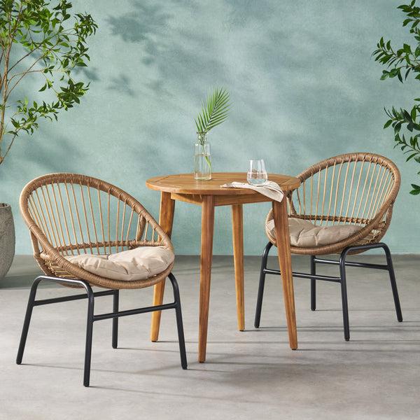 Gdf Studio Meriden Outdoor Wicker And Acacia Wood 3 Piece Bistro Set With Cushion Light Brown Beige And Teak