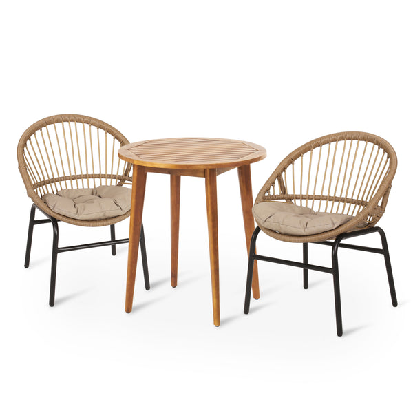 gdf studio Meriden Outdoor Wicker and Acacia Wood 3 Piece Bistro Set with Cushion Light Brown Beige and Teak