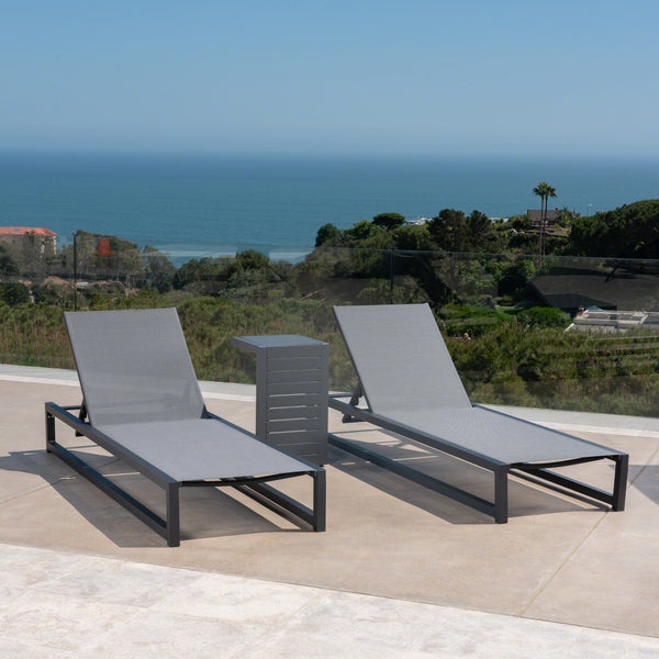 Gdf Studio Michelle Outdoor 3 Piece Gray Mesh Rust-Proof Aluminum Frame Chaise Lounge Set