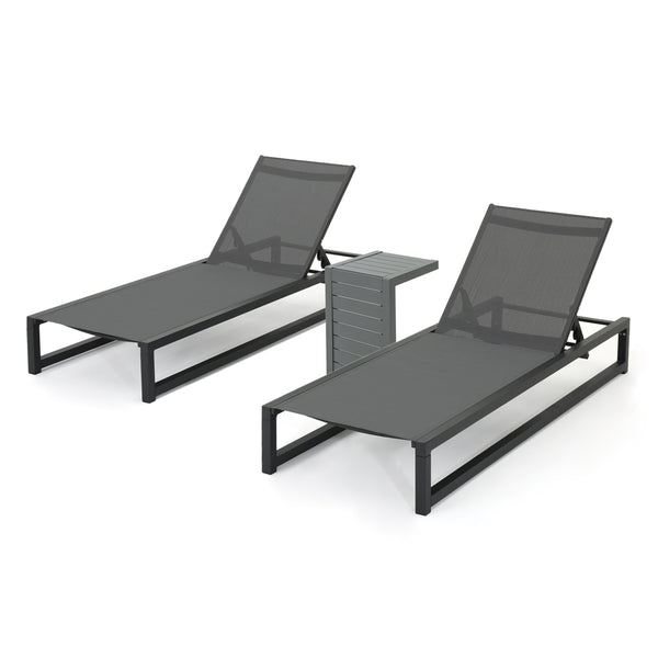 gdf studio Michelle Outdoor 3 Piece Gray Mesh Rust-Proof Aluminum Frame Chaise Lounge Set