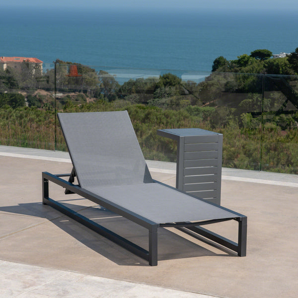 Gdf Studio Michelle Outdoor Gray Mesh And Aluminum Frame Chaise Lounge With Matching Table