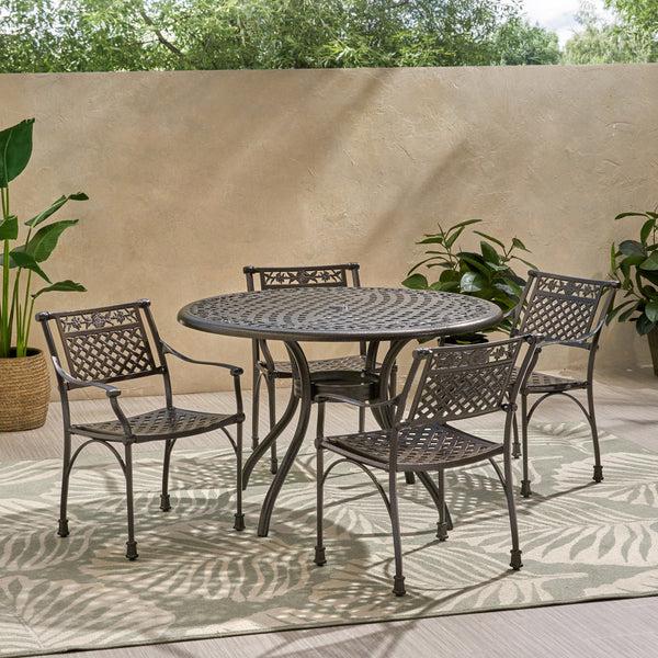 Gdf Studio Mikell Traditional Outdoor Aluminum 5 Piece Dining Set With Round Table