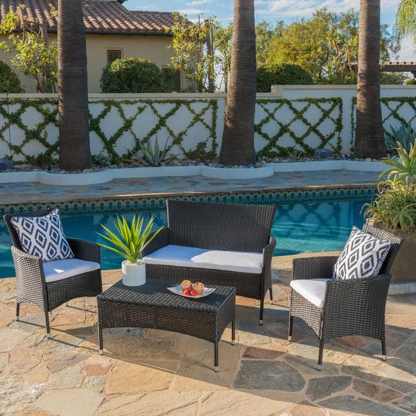 Gdf Studio Mina Outdoor 4 Piece Wicker Chat Set With Water Resistant Cushions