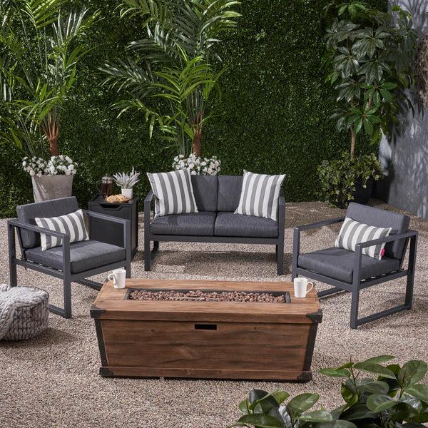 Gdf Studio Miraclle Outdoor 3 Piece Aluminum Chat Set With Cushions And Fire Pit