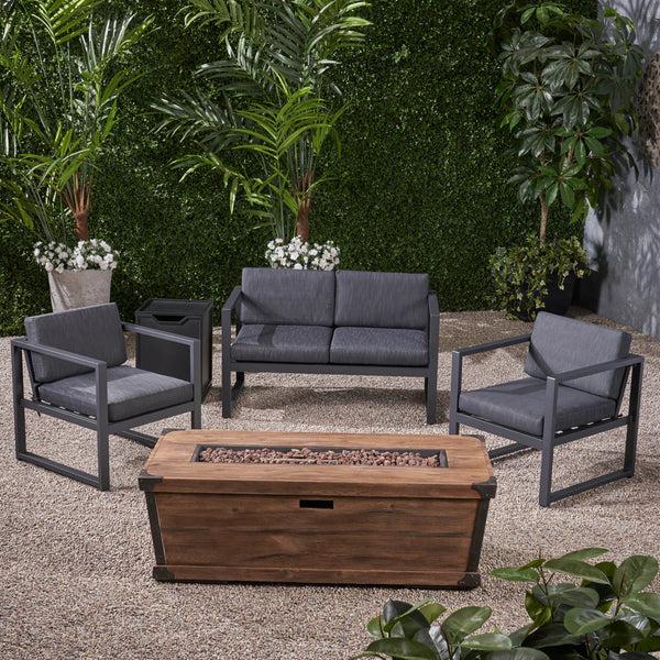 Gdf Studio Miraclle Outdoor 3 Piece Aluminum Chat Set With Cushions And Fire Pit
