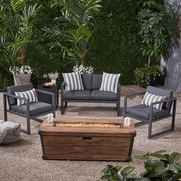 Gdf Studio Miraclle Outdoor 3 Piece Aluminum Chat Set With Cushions And Fire Pit