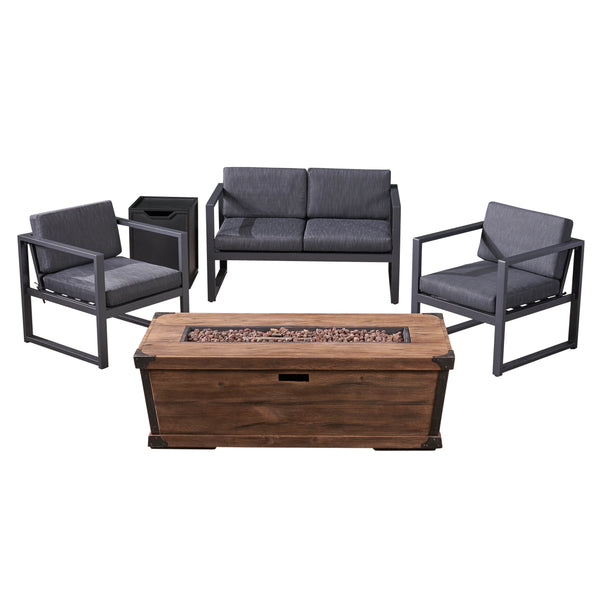 gdf studio Miraclle Outdoor 3 Piece Aluminum Chat Set with Cushions and Fire Pit