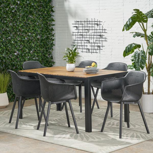 gdf studio Miramar Outdoor Wood and Resin 7 Piece Dining Set Black and Teak