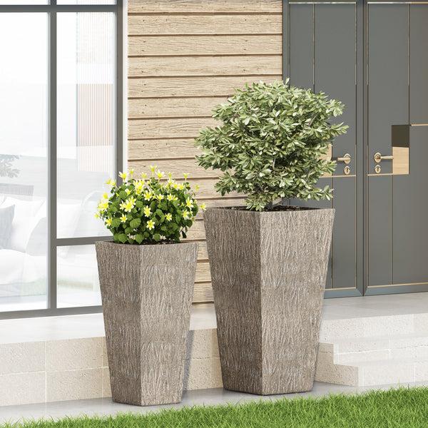 Gdf Studio Mistler Outdoor Large And Medium Cast Stone Planters Set Of 2 Brown Wood