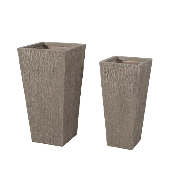 gdf studio Mistler Outdoor Large and Medium Cast Stone Planters Set of 2 Brown Wood